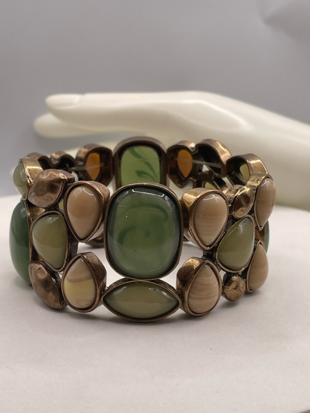 Green and Beige Multi-Stone Stretch Bracelet - Women Jewelry